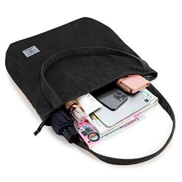 KALIDI Women Corduroy Tote Bag Large Shoulder Bag with Zipper Pockets Big Capacity Casual Handbags Shopping Bag for Girls, Black