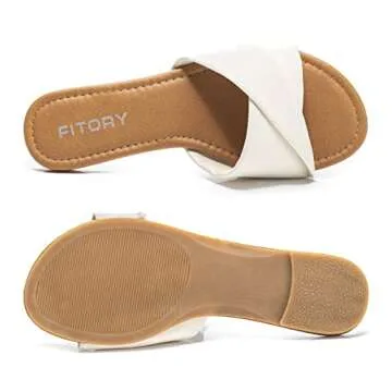 FITORY Women's Flat Sandals Fashion Slides With Soft Leather Slippers for Summer White Size 8