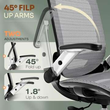 GABRYLLY Ergonomic Office Chair, High Back Home Desk Chair with Headrest, Flip-Up Arms, 90-120° Tilt Lock and Wide Cushion, Big and Tall Mesh Chairs for Man Woman, Grey Task Chair