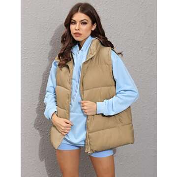 Athlisan Womens Zip Up Puffer Vest Stand Collar Sleeveless Padded Jacket Coat(Khaki-XS)