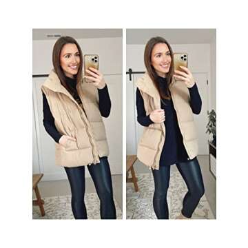 Athlisan Womens Zip Up Puffer Vest Stand Collar Sleeveless Padded Jacket Coat(Khaki-XS)