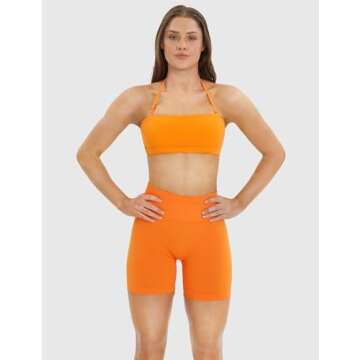 NEWVISISTER Bandeau Sports Bras for Women Detachable Straps Padded Bralette Bra Yoga Fitness Workout Crop Top, Orange, Large