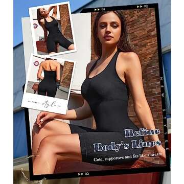 TrainingGirl Women Yoga Jumpsuit Halter Sport Romper Shorts Ribbed One Piece Bodysuit Seamless Bodyc...