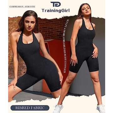 TrainingGirl Women Yoga Jumpsuit Halter Sport Romper Shorts Ribbed One Piece Bodysuit Seamless Bodycon Workout Gym Activewear