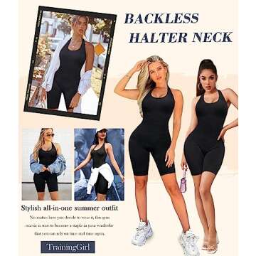 TrainingGirl Women Yoga Jumpsuit Halter Sport Romper Shorts Ribbed One Piece Bodysuit Seamless Bodycon Workout Gym Activewear