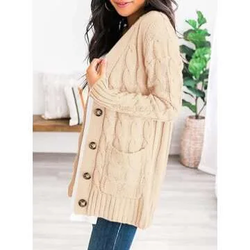 PRETTYGARDEN Women's Open Front Cardigan Sweaters Fall Fashion Button Down Cable Knit Chunky Winter Outerwear Coats (Beige,Large)