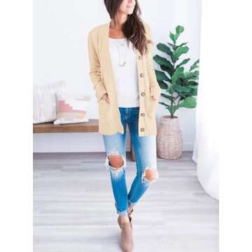 PRETTYGARDEN Women's Open Front Cardigan Sweaters Fall Fashion Button Down Cable Knit Chunky Winter Outerwear Coats (Beige,Large)