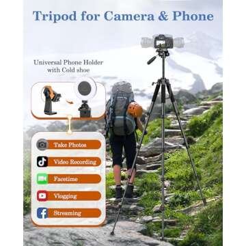 JOILCAN 75" Camera Tripod, Tripod for Camera Cell Phone, Aluminum Heavy Duty Tripods Stand, Tall Travel Tripod with Carry Bag Compatible with iPhone Canon Nikon DSLR Camera Laser Projector