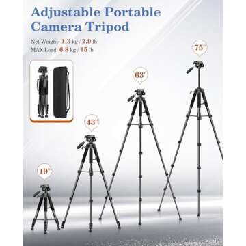 JOILCAN 75" Camera Tripod, Tripod for Camera Cell Phone, Aluminum Heavy Duty Tripods Stand, Tall Travel Tripod with Carry Bag Compatible with iPhone Canon Nikon DSLR Camera Laser Projector