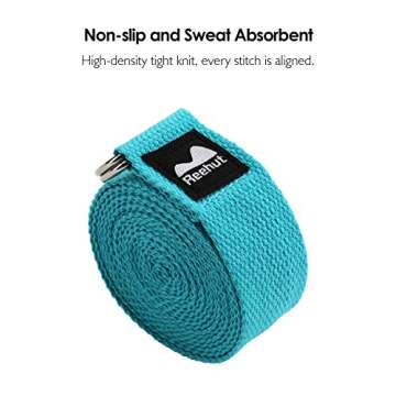 REEHUT Yoga Strap 6ft with Ebook - Durable Polyester Cotton Exercise Straps w/Adjustable D-Ring Buckle for Stretching, General Fitness, Flexibility and Physical Therapy Sky Blue
