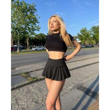 OQQ Women 2 Piece Mini Skirts 2 in 1 Flowy Sexy Basic Stretchy Flared Casual Skirts Black White