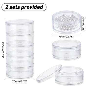 PH PandaHall 2 Sets 5 Layer Cylinder Stackable Bead Containers 15ml Plastic Round Clear Storage Organizer Box with Screw Lid for Make Up, Eye Shadow, Nails, Gems, Beads, Jewelry, Small Items