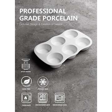 Sweese 517.201 Porcelain Muffin Pan Non-Stick Cupcake Baking Pan, 6 Cups, Each cup holds 3 oz, Set of 2, White