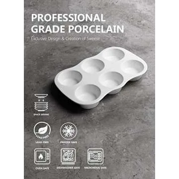 Sweese 517.201 Porcelain Muffin Pan Non-Stick Cupcake Baking Pan, 6 Cups, Each cup holds 3 oz, Set of 2, White