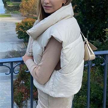 KEOMUD Women's Winter Crop Vest Lightweight Sleeveless Warm Outerwear Puffer Vest Padded Gilet White Large