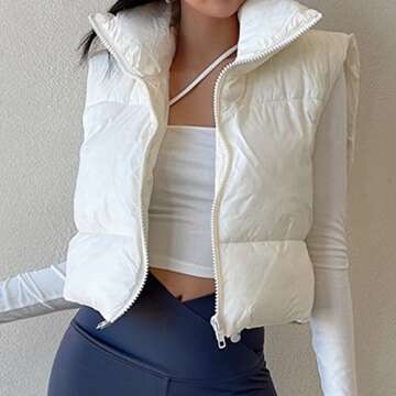 KEOMUD Women's Winter Crop Vest Lightweight Sleeveless Warm Outerwear Puffer Vest Padded Gilet White Large