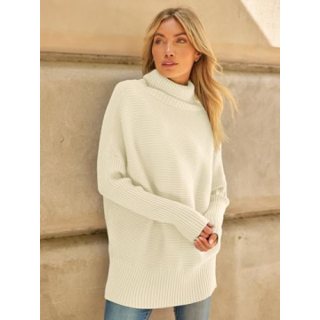 LILLUSORY Women's Oversized Turtleneck Sweaters Fall Batwing Sleeve Ribbed Tunic Sweater