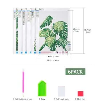 PP OPOUNT 6 Pack 5D Diamond Art Kits for Adults, Green Plants Full Drill Round Diamond Cross Stitch Diamond Art by Number Kits for Home Wall Decor(11.8x15.7 inch, Patent Product)