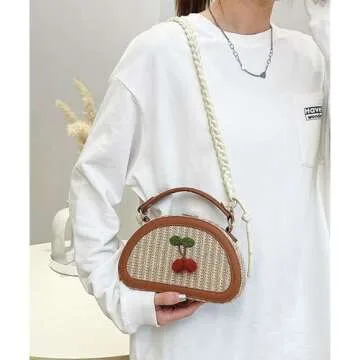 Mtbxk Small Straw Bag Handbag Shoulder Bag Summer Woven Mini Cute Purses Vacation Beach Purse Crossbody Bag Cherry Gifts For Women (Brown)