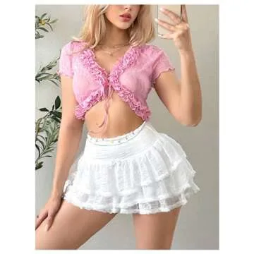 BEAUDRM Women's Y2K Tiered Layer Skirt Elastic High Waist Mini Skirt Mesh Bow Front Ruffle Hem Cake Skirt Sexy White X-Small