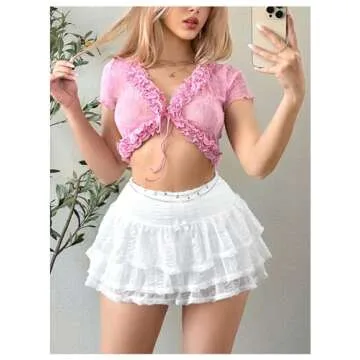 BEAUDRM Women's Y2K Tiered Layer Skirt Elastic High Waist Mini Skirt Mesh Bow Front Ruffle Hem Cake Skirt Sexy White X-Small
