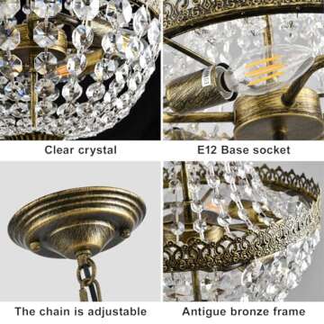 KAIQI 4 Lights French Empire Mini Crystal Chandelier Farmhouse Pendant Lighting, Bronze Finish Ceili...
