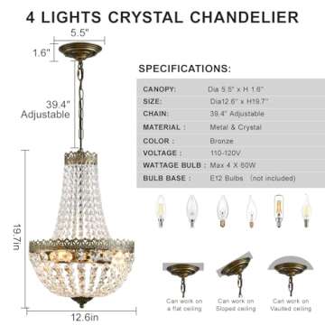 KAIQI 4 Lights French Empire Mini Crystal Chandelier Farmhouse Pendant Lighting, Bronze Finish Ceiling Light Fixture for Dining Room Bedroom Foyer Living Room, W12.6 x H19.7