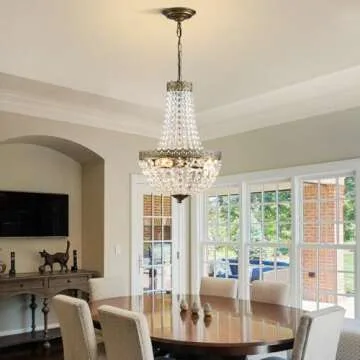 KAIQI 4 Lights French Empire Mini Crystal Chandelier Farmhouse Pendant Lighting, Bronze Finish Ceiling Light Fixture for Dining Room Bedroom Foyer Living Room, W12.6 x H19.7