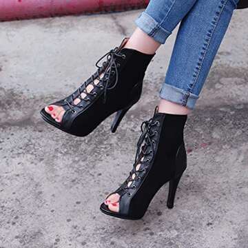 PIVAPAM Women's Dance Heels Summer Peep Toe Ankle Boots Lace Up Pumps Party Shoes Ladies Stiletto Sandals Dancing Shoes