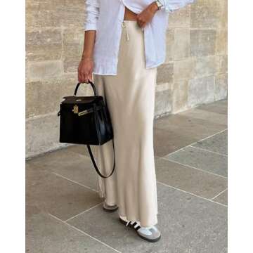 VividHarbor Women's Drawstring Satin Maxi Skirt High Waist Silk A Line Flowy Long Skirts Beige