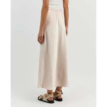 VividHarbor Women's Drawstring Satin Maxi Skirt High Waist Silk A Line Flowy Long Skirts Beige
