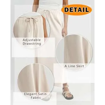 VividHarbor Women's Drawstring Satin Maxi Skirt High Waist Silk A Line Flowy Long Skirts Beige
