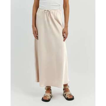 VividHarbor Women's Drawstring Satin Maxi Skirt High Waist Silk A Line Flowy Long Skirts Beige