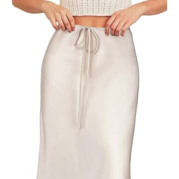 VividHarbor Women's Drawstring Satin Maxi Skirt High Waist Silk A Line Flowy Long Skirts Beige