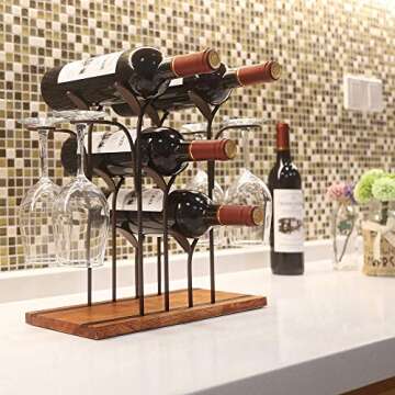 Tabletop Wood Wine Holder, Countertop Wine Rack, Hold 4 Wine Bottles and 4 Glasses, Perfect for Home...