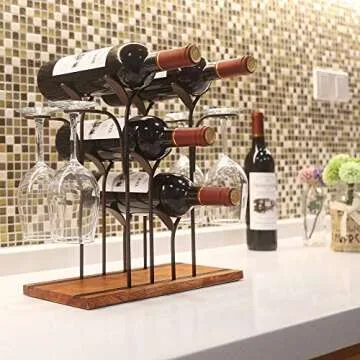 Tabletop Wood Wine Holder, Countertop Wine Rack, Hold 4 Wine Bottles and 4 Glasses, Perfect for Home...