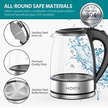 KOIOS Electric Stainless Glass Water Kettle 1500W BPA-free 1.8L Automatic Shut Off Fast Boil Stainless Steel Inner Lip Boil Dry Protection Rotary Base Hot Water Boiler Electric Glass Tea Heater
