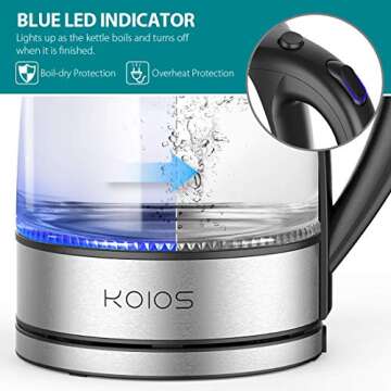 KOIOS Electric Stainless Glass Water Kettle 1500W BPA-free 1.8L Automatic Shut Off Fast Boil Stainless Steel Inner Lip Boil Dry Protection Rotary Base Hot Water Boiler Electric Glass Tea Heater