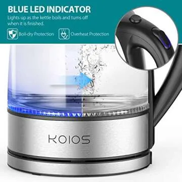 KOIOS Electric Stainless Glass Water Kettle 1500W BPA-free 1.8L Automatic Shut Off Fast Boil Stainless Steel Inner Lip Boil Dry Protection Rotary Base Hot Water Boiler Electric Glass Tea Heater