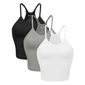 ODODOS Women's Crop 3-Pack Waffle Knit Seamless Camisole Crop Tank Tops, Waist Length, White+Gray+Black, X-Small/Small