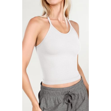 ODODOS Women's Crop 3-Pack Waffle Knit Seamless Camisole Crop Tank Tops, Waist Length, White+Gray+Black, X-Small/Small