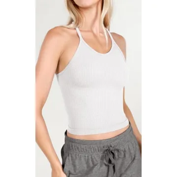 ODODOS Women's Crop 3-Pack Waffle Knit Seamless Camisole Crop Tank Tops, Waist Length, White+Gray+Black, X-Small/Small