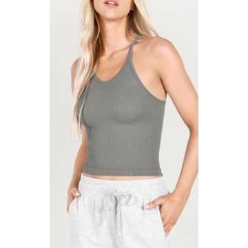 ODODOS Women's Crop 3-Pack Waffle Knit Seamless Camisole Crop Tank Tops, Waist Length, White+Gray+Black, X-Small/Small