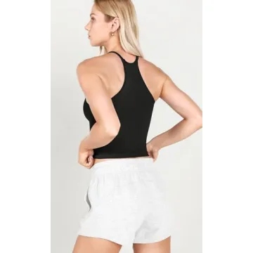 ODODOS Women's Crop 3-Pack Waffle Knit Seamless Camisole Crop Tank Tops, Waist Length, White+Gray+Black, X-Small/Small