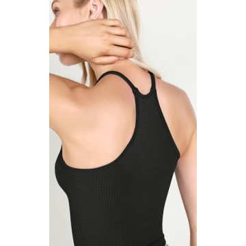 ODODOS Women's Crop 3-Pack Waffle Knit Seamless Camisole Crop Tank Tops, Waist Length, White+Gray+Black, X-Small/Small