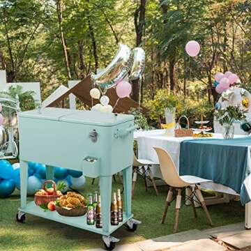 VINGLI 80 Quart Rolling Ice Chest, Portable Patio Party Bar Drink Cooler Cart, with Shelf, Beverage ...