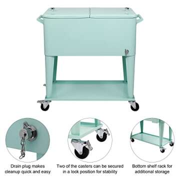 VINGLI 80 Quart Rolling Ice Chest, Portable Patio Party Bar Drink Cooler Cart, with Shelf, Beverage Pool with Bottle Opener (Green)