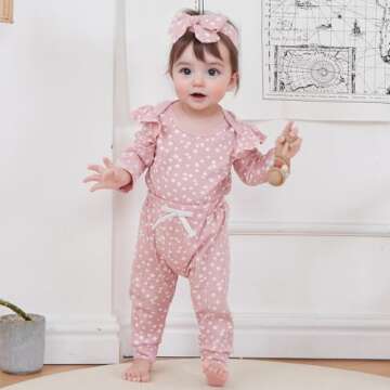 Mandizy Baby Girl Clothes Ribbed Ruffle Long Sleeve Romper Pant Set Newborn Infant Fall Winter Floral Print 3Pcs Outifts (Pink, 0-3 Months)