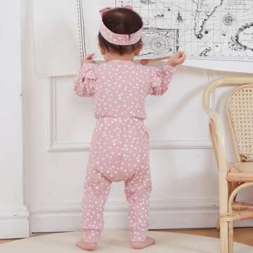 Mandizy Baby Girl Clothes Ribbed Ruffle Long Sleeve Romper Pant Set Newborn Infant Fall Winter Floral Print 3Pcs Outifts (Pink, 0-3 Months)