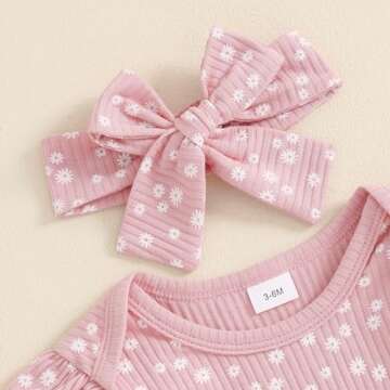 Mandizy Baby Girl Clothes Ribbed Ruffle Long Sleeve Romper Pant Set Newborn Infant Fall Winter Floral Print 3Pcs Outifts (Pink, 0-3 Months)